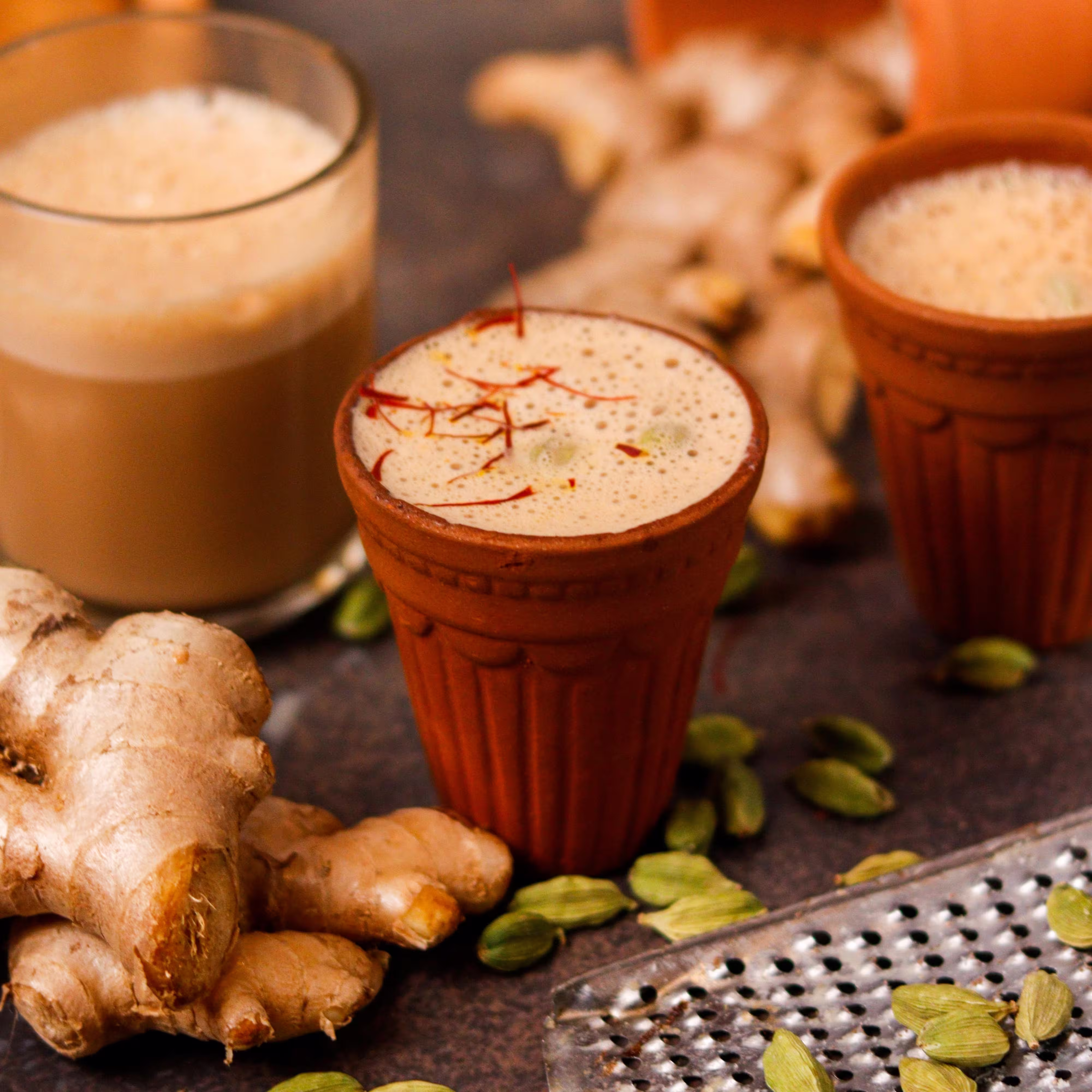 Warm cardamom tea in an earthen cup with ginger and cardamom scattered around